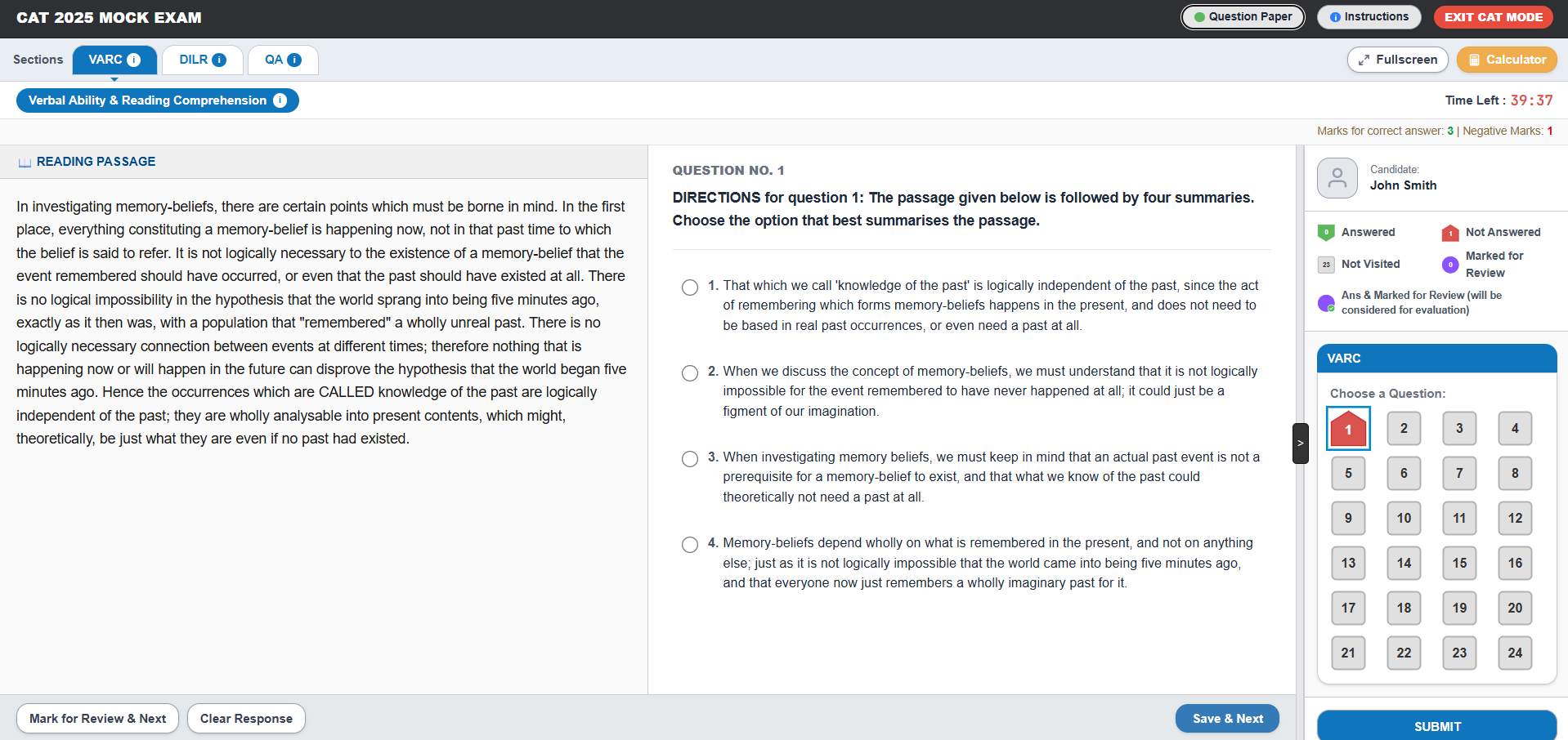 CATin Real CAT Mode — authentic replica of the official CAT exam interface